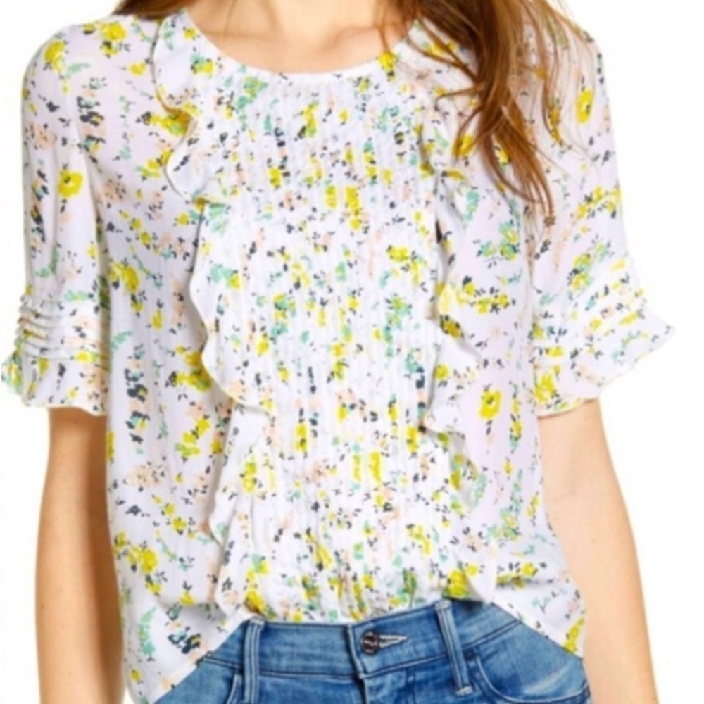 Lucky Brand Floral Ruffle Blouse - White and Yellow